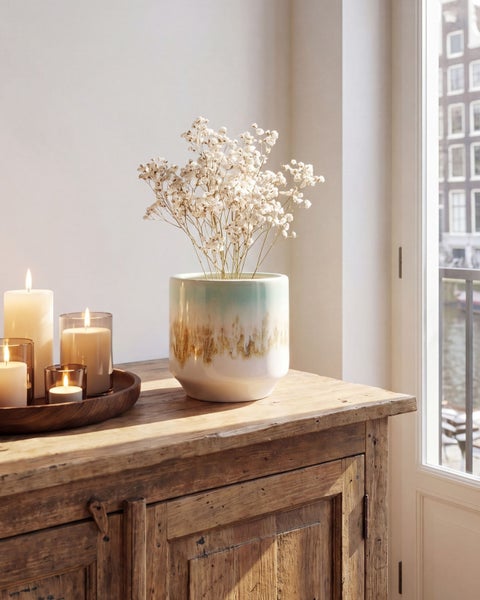 Keramik-Übertopf mit Trockenblumen und brennende Kerzen auf einer Anrichte aus Holz in einem hellen Raum.
