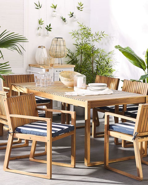 Set mit 8 Stühlen und Sitzkissen SASSARI Akazienholz Marineblau