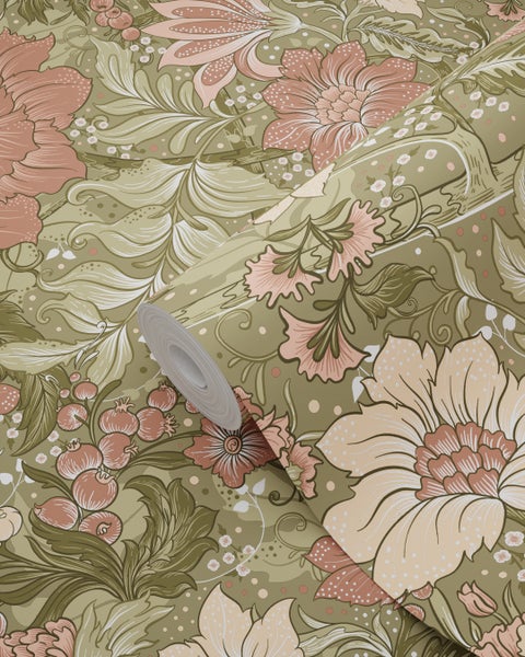 ESTAhome Tapete Blumenmuster Grün und Altrosa - 50 x 900 cm - 131196