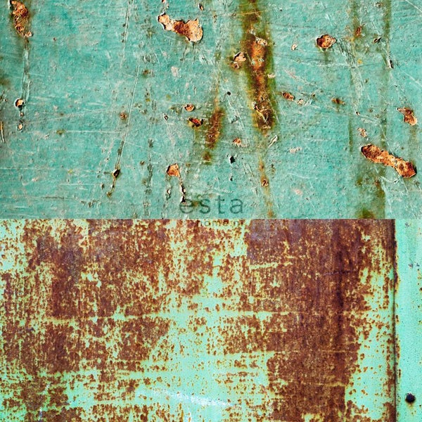 ESTAhome XXL-Vliestapete Patchwork rostige verwitterte Metallplatten Meeresgrün und Braun - 50 x 900 cm - 158203