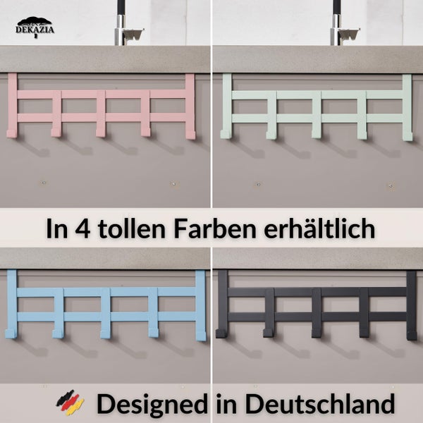 Dekazia Handtuchhalter für die Schranktür mit fünf Haken, erhältlich in vier verschiedenen Farben, Dekazia Logo, Designed in Deutschland.