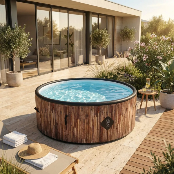 Runder aufblasbarer Whirlpool mit CoCo Spa Logo in Holzoptik auf einer hellen Terrasse mit Liegestuhl und Pflanzen.