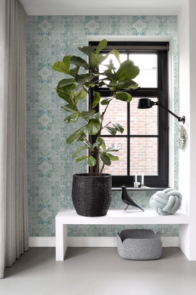 Wohnraum mit Zimmerpflanze im Korb, Dekorationen und gemusterter Tapete