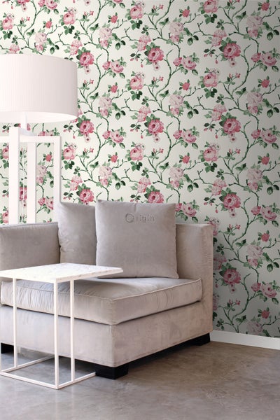 Origin Wallcoverings Tapete Blumen Crême-Weiß, Rosa und Grün - 53 cm x 10.05 m - 347434