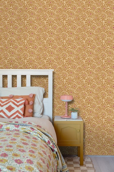 ESTAhome Tapete Gänseblümchen Ockergelb und Rosa - 50 x 900 cm - 131152