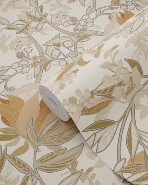 ESTAhome Tapete Blumenmuster im Jugendstil Hellbeige und Altrosa - 53 cm x 10.05 m - 139459