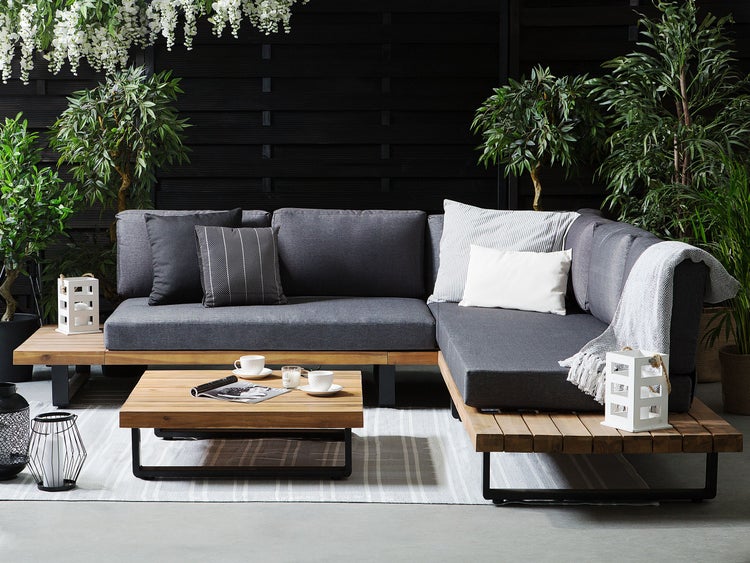 Garten Ecksofa mit Tisch 5-Sitzer MYKONOS rechtsseitig zertifiziertes Akazienholz Dunkelgrau
