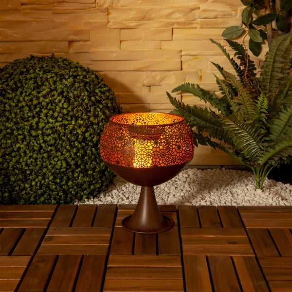 LED Deko-Solarleuchte mit Standfuß 25 cm hoch, mit Flammeneffekt, für Außen,  aus rostfarbenem Metall und Kunststoff, mit fest verbauter  LED