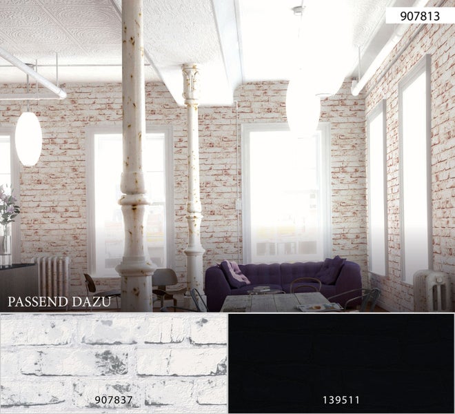 Wohnraum mit Mauerwerk-Tapete und Produktvorschlägen