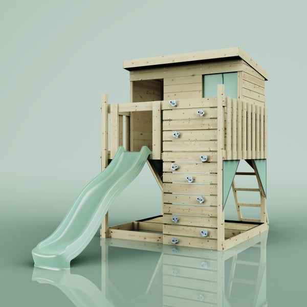 Spielhaus aus Holz für Kinder mit Kletterwand und Rutsche.