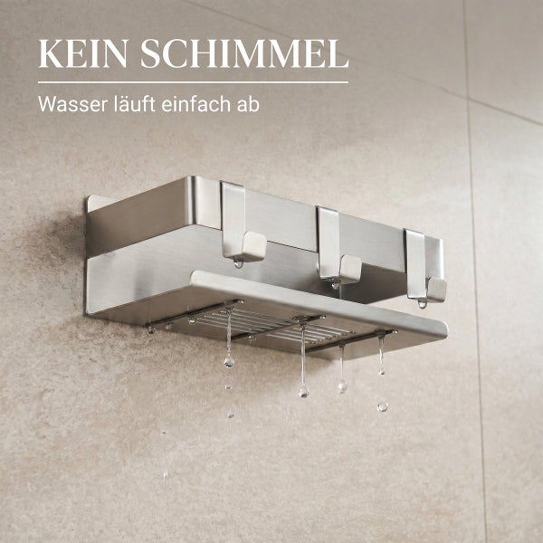 Duschablage aus Edelstahl mit Haken und Wasserablaufgitter zur Wandmontage an gefliesten Wänden.