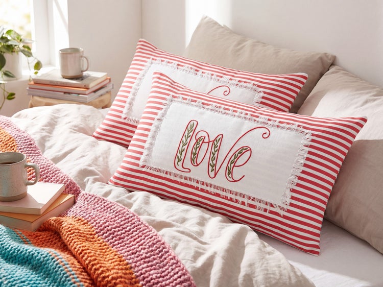 Gestreifte Dekokissen mit Love-Bestickung auf einem hellen Bett mit bunter Strickdecke und Büchern in gemütlicher Atmosphäre.