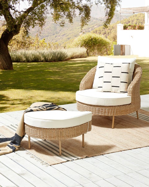 Gartensessel mit Ottomane ARCILLE Polyrattan Naturfarben