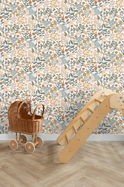 ESTAhome Tapete Blumen und Vögel Graublau, Olivgrün und Ockergelb - 53 cm x 10.05 m - 139865
