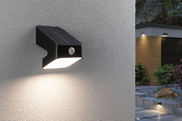 Solar LED Wandfluter Lesly Dämmerungsgesteuerter Bewegungsmelder (IR) IP65 eckig 113x126mm 3000K 5,5W 400lm 3,7V Anthrazit Kunststoff