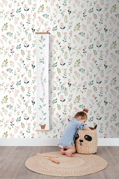 ESTAhome Tapete Blumen Weiß, Rosa und Grün - 53 cm x 10.05 m - 139339