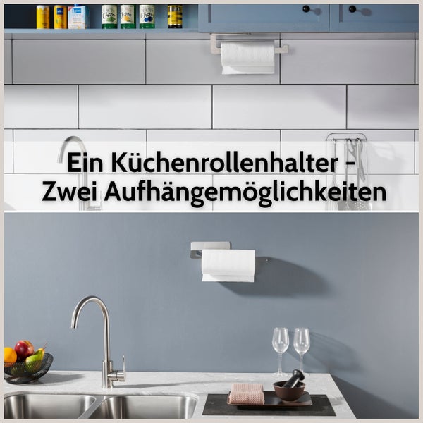 Küchenrollenhalter aus Edelstahl mit zwei Montagemöglichkeiten: unter einem Schrank oder an der Wand.