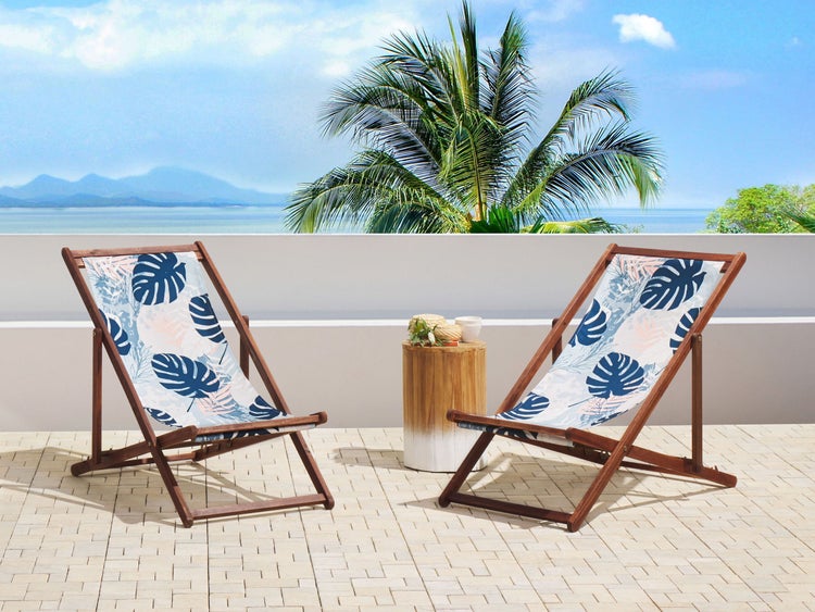 Set mit 2 klappbaren Liegestühlen ANZIO mit Ersatzstoffen Blumenmuster Akazienholz Dunkelbraun