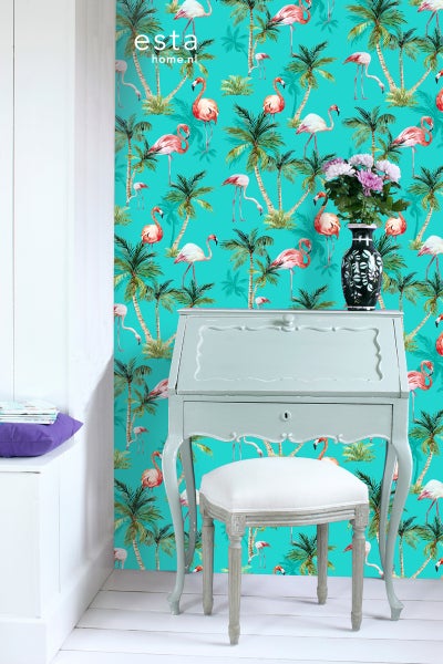 ESTAhome XXL-Vliestapete Flamingos Türkis, Grün und Rosa - 50 x 900 cm - 158609