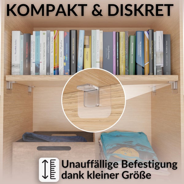 Kleine, transparente Regalbodenträger aus Kunststoff zur unauffälligen Befestigung eines Regalbodens in einem Holzschrank mit Büchern.