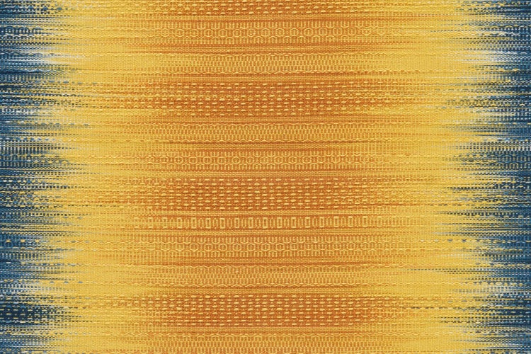 Gewebter Teppich mit horizontalem Streifenmuster in Gelb, Orange und Blau sowie sichtbarer Webstruktur.