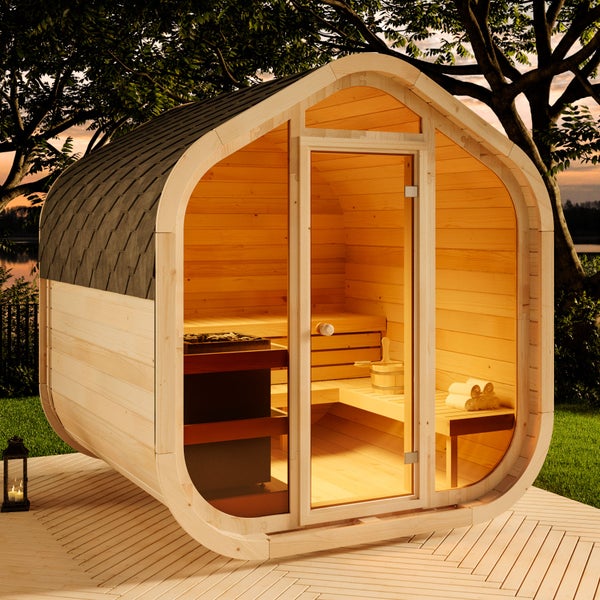 FinnTherm Fasssauna ScandiCube Wave Comfortissimo Fasssauna 2 Sitzbänke aus Holz Sauna mit 42 mm Wandstärke, Außensauna mit Montagematerial