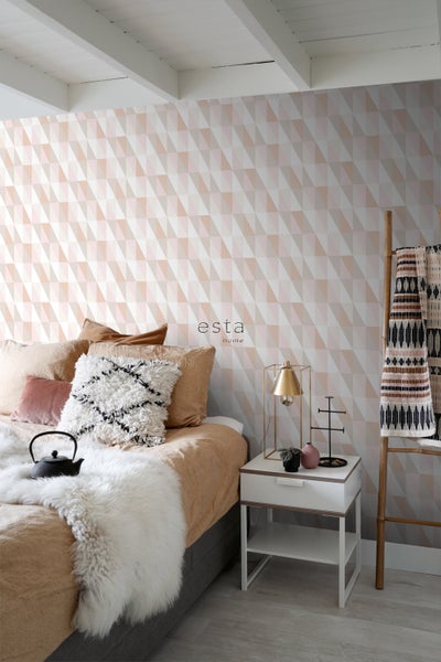 ESTAhome Tapete grafische Dreiecke Hellrosa, Dunkelorange und Beige - 53 cm x 10.05 m - 139196