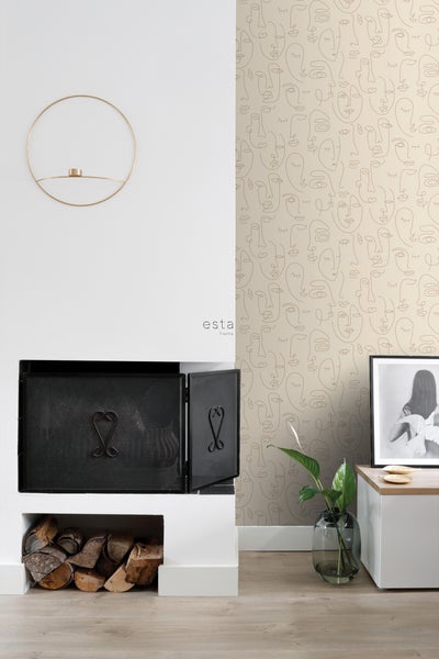 ESTAhome Tapete Line Art Gesichter Hellbeige - 53 cm x 10.05 m - 139374