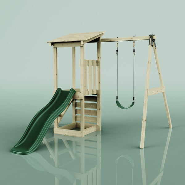 Spielturm mit Rutsche und Schaukel aus Holz