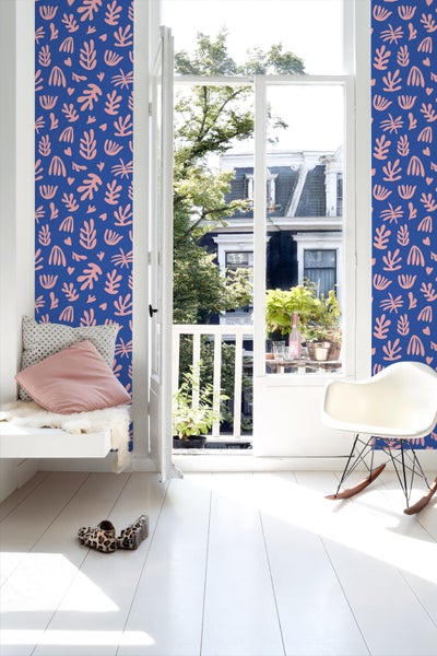 ESTAhome Tapete Pflanzen im Matisse-Stil Blau und Rosa - 50 x 900 cm - 131022