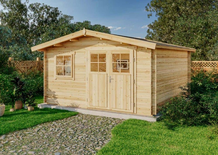 Gartenhaus Valeria-28 mit Fußboden aus Holz, Gerätehaus 428x427, 14,67 m², 28 mm Wandstärke, Holzhaus in Blockbohlen-Bauweise inkl. Fenster und Leimholztür Naturbelassen