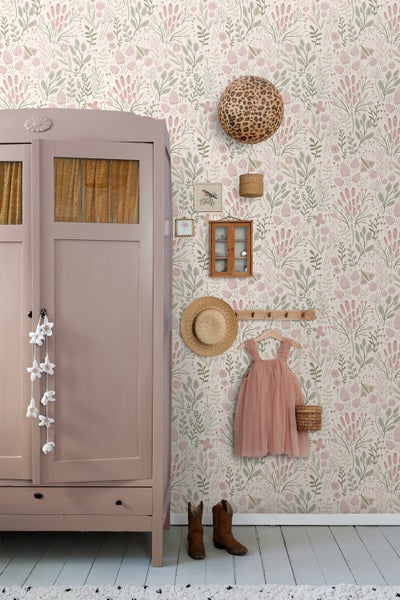 ESTAhome Tapete Blätter und Blumen Weiß und Hellrosa - 50 x 900 cm - 131384