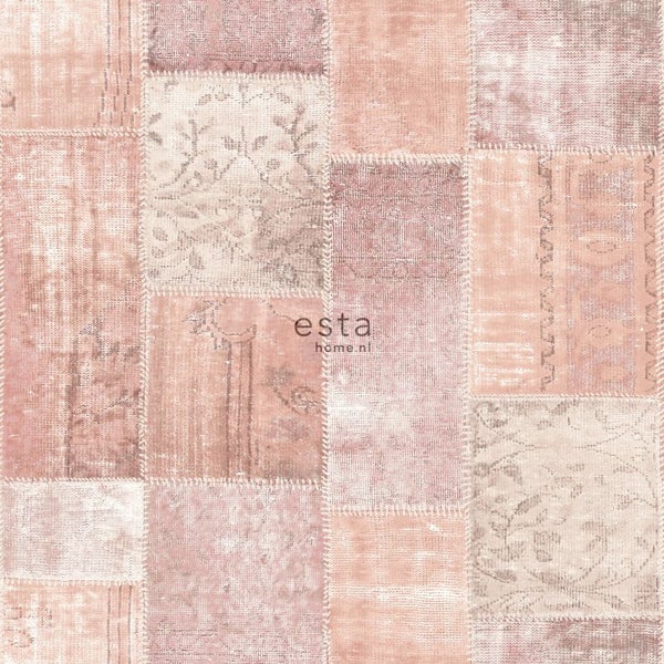 ESTAhome Tapete orientalisches-Marrakech Kelim-Patchwork Pfirsichorange Rosa - 53 cm x 10.05 m - 148651