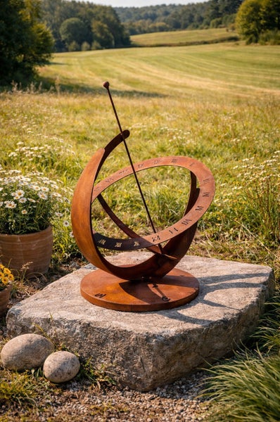 Eine dekorative Sonnenuhr aus Metall mit Edelrostoptik auf einem Steinblock in einem Garten.