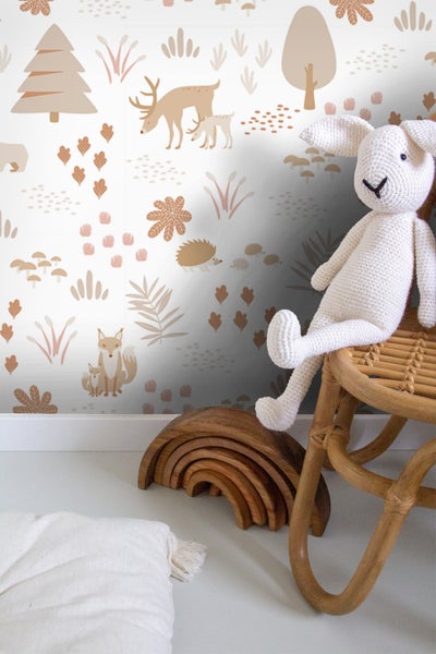 ESTAhome Tapete Wald mit Waldtieren Weiß und Beige - 0.53 x 10.05 m - 139611