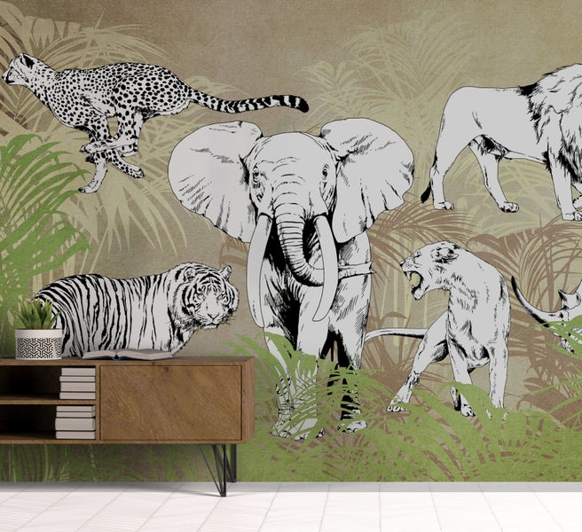 Tapete mit Tiermotiven und tropischen Pflanzen für eine lebendige Wandgestaltung