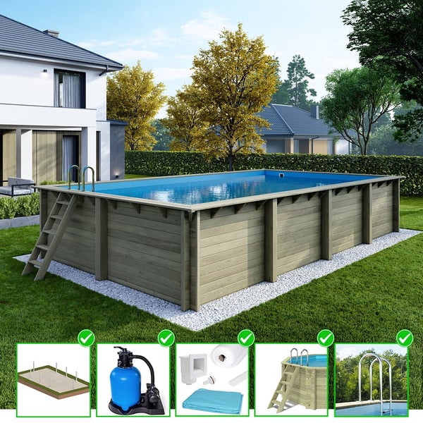 Aufbaubecken aus Holz mit Leiter und Zubehör im Garten