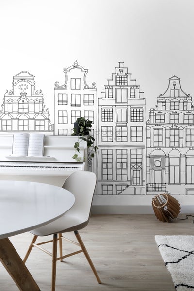 ESTAhome Fototapete gezeichnete Amsterdamer Grachtenhäuser Schwarz und Weiß - 300 x 279 cm - 159103
