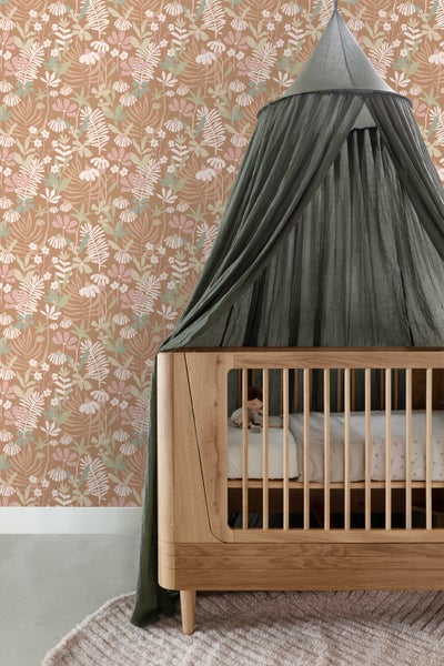 ESTAhome Tapete tropische Blätter und Blüten Hellbraun und Mehrfarbig - 50 x 900 cm - 130996