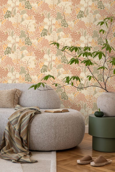 ESTAhome Tapete Bäumen und Blumen Beige, Terrakotta und Grün - 50 x 900 cm - 131186
