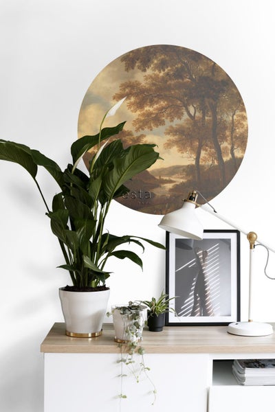 ESTAhome selbstklebende runde Tapete bewaldete Landschaft Orange - Ø 70 cm - 158988