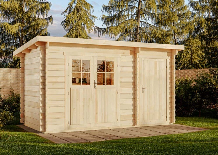 Alpholz Gartenhaus Korfu mit Anbau Gartenhaus aus Holz, Holzhaus mit 28 mm Wandstärke FSC zertifiziert, Blockbohlenhaus mit Montagematerial
