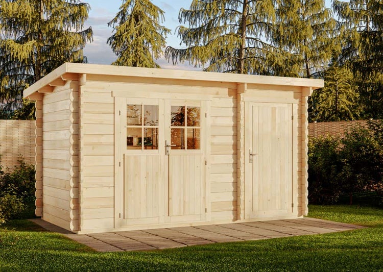 Alpholz Gartenhaus Korfu mit Anbau Gartenhaus aus Holz, Holzhaus mit 28 mm Wandstärke, Blockbohlenhaus mit Montagematerial, Naturbelassen 3,8x2m