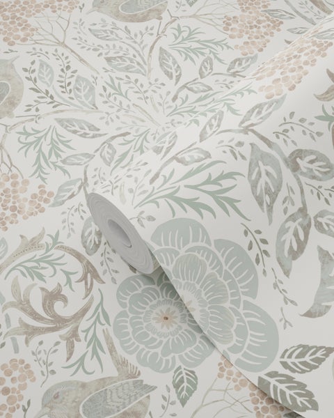 ESTAhome Tapete Blumen und Vögel im Jugendstil Graugrün, Braun und Pfirsichrosa - 53 cm x 10.05 m - 139294