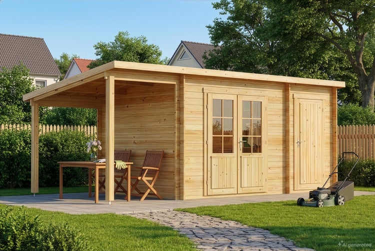 Holzgartenhaus mit integriertem Schleppdach, Doppeltür und Einzeltür im Garten auf einer gepflasterten Fläche mit Sitzgruppe und Rasenmäher.