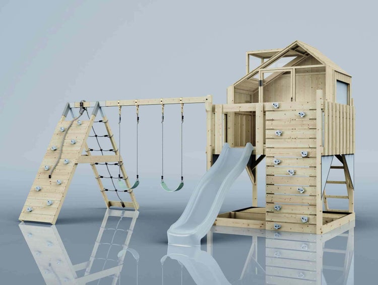 Moderner Spielturm aus Holz mit Spielhaus, Wellenrutsche, Doppelschaukel, Kletterwänden und Strickleiter für den Außenbereich.