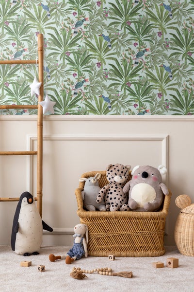 Walls4You Tapete tropische Dschungelblätter und Paradiesvögel Mintgrün und Grün - 53 cm x 10.05 m - 935331