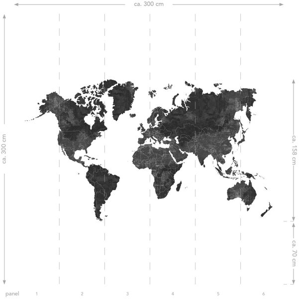 Weltkarte Tapete, circa 300 cm breit und 300 cm hoch