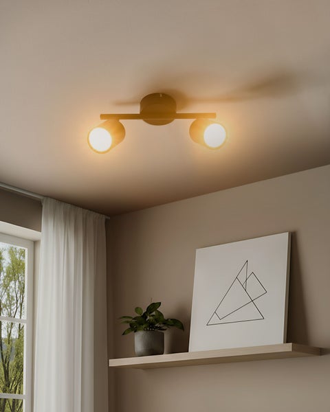 Moderne Deckenleuchte mit zwei verstellbaren Spots in einem hellen Wohnraum über einem Wandregal mit Dekoration.