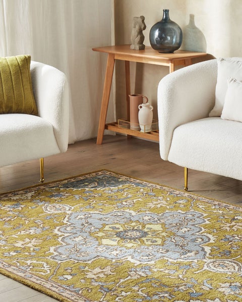 Teppich Wolle gelb / blau 200 x 200 cm orientalisches Muster Kurzflor MUCUR